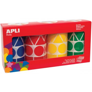 Apli Kids stickers XL, doos met 4 rollen in 4 kleuren en 4 vormen (blauw, rood, geel en groen)