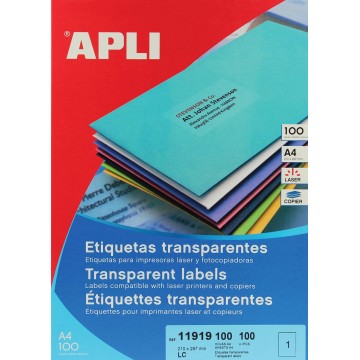 Apli Transparante etiketten 210x297mm (bxh), 100 stuks, 1 per blad, doos a 100 blad